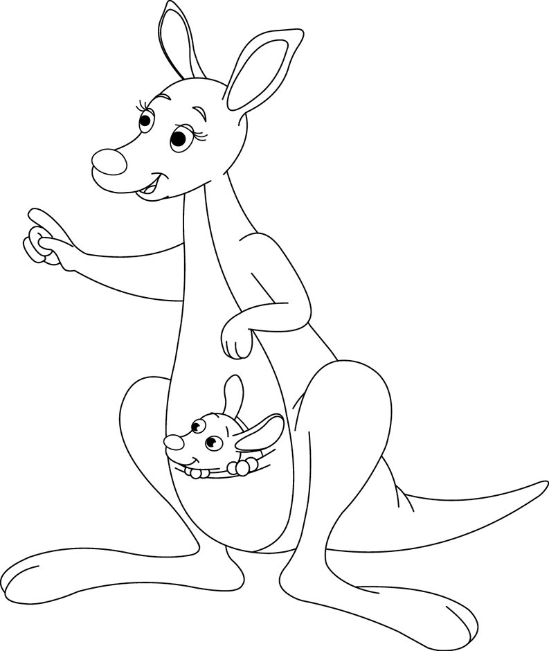 Dessin à imprimer et à colorier ; un kangourou et son petit dans la poche