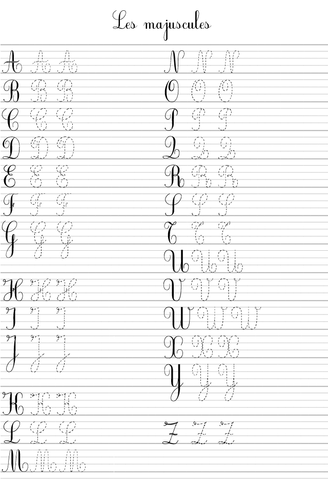 Lettres de l'alphabet, majusucles cursives à imprimer ; de A à Z