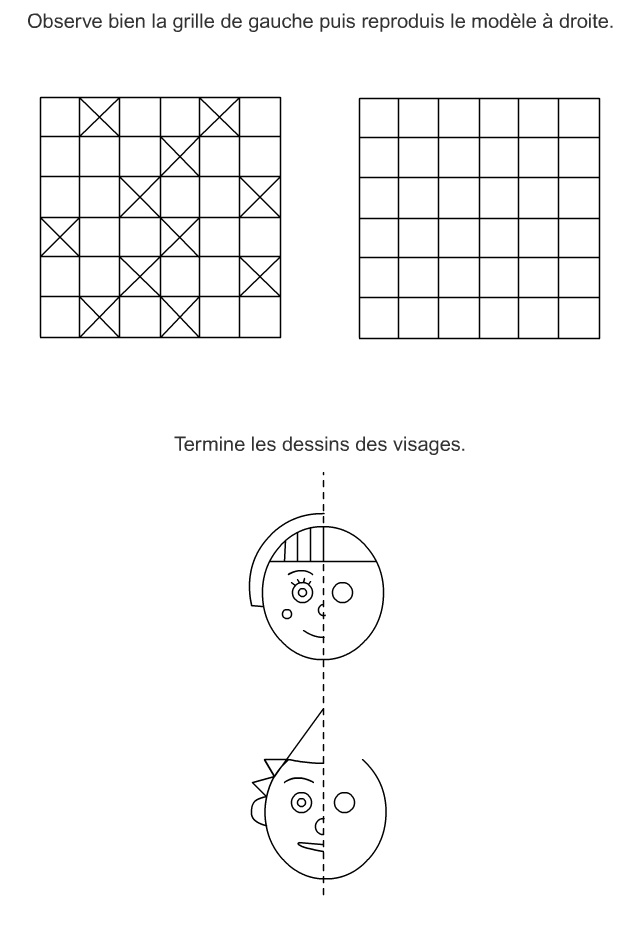 Jeux à imprimer pour enfants : reproduire la grille ; terminer les dessins des visages