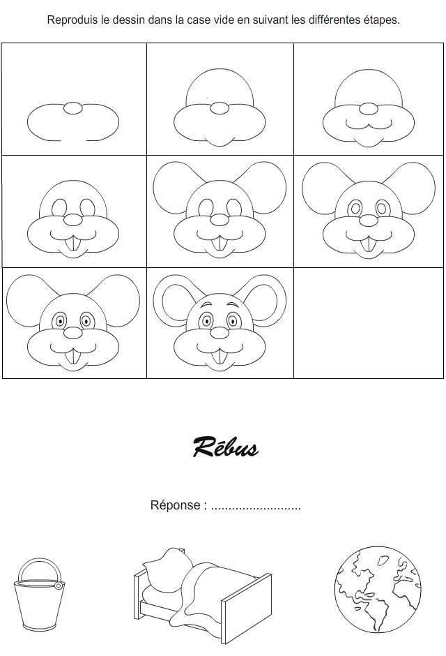 Jeux à imprimer : reproduire le dessin d'une tête de souris ; un rébus