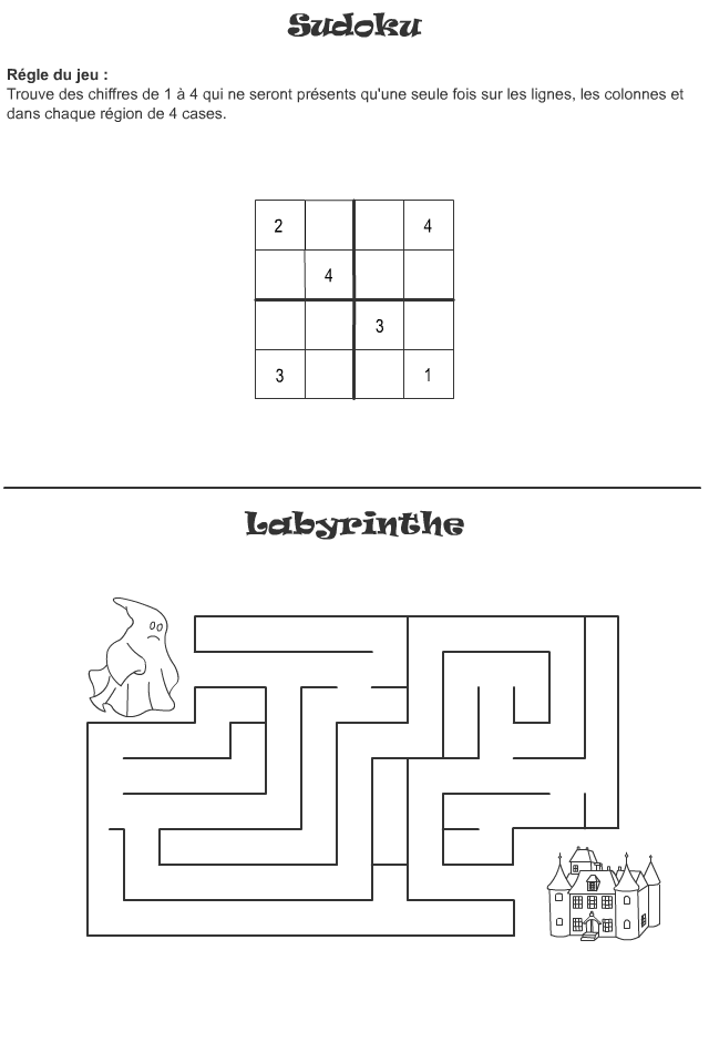 Fiche de jeux ; labyrinthe, jeu de sudoku