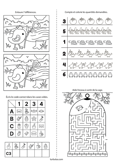 Page de jeux éducatifs à imprimer pour enfants de maternelle et CP