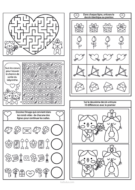 Page de jeux à imprimer sur le thème de la Saint-Valentin, maternelle et CP