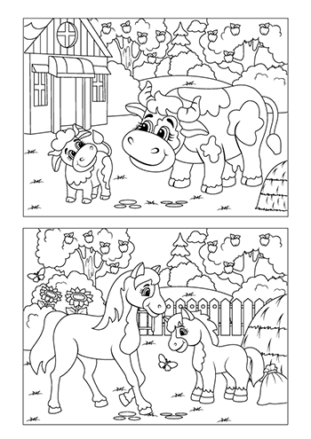 Coloriage à imprimer, la vache et le veau, les chevaux