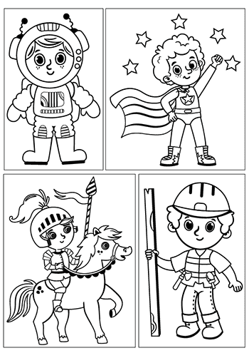 Coloriage gratuit à imprimer, des personnages, un chevalier, un astronaute, un super héros