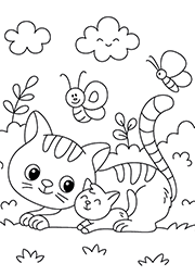 Coloriage à imprimer : une chat et son chaton entourés de papillons