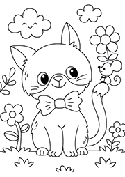 Coloriage à imprimer : une chat avec une souris sur le bout de sa queue