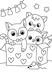 Coloriage à imprimer : des chatons cachés dans une boîte