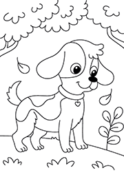 Coloriage à imprimer : un chien arrêté devant une feuille qui tombe