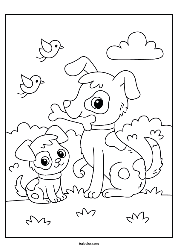 Dessin à imprimer et à colorier ; un chien, un chiot et un os