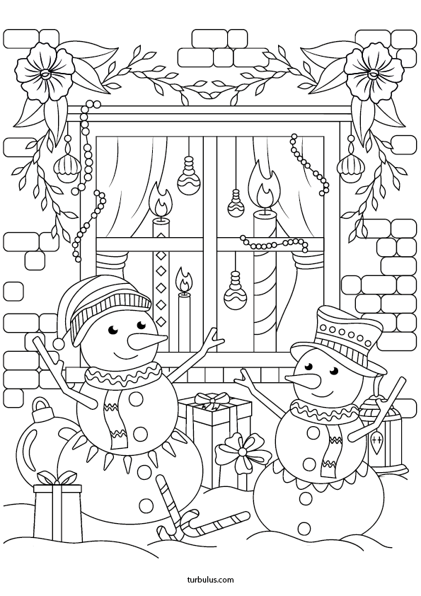 Dessin à imprimer et à colorier ; des bonhommes de neige et des décorations de Noël