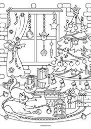 Coloriage à imprimer : les chats et le sapin de Noël