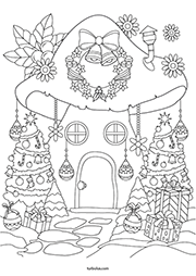 Coloriage à imprimer : maison-champignon décorée pour Noël