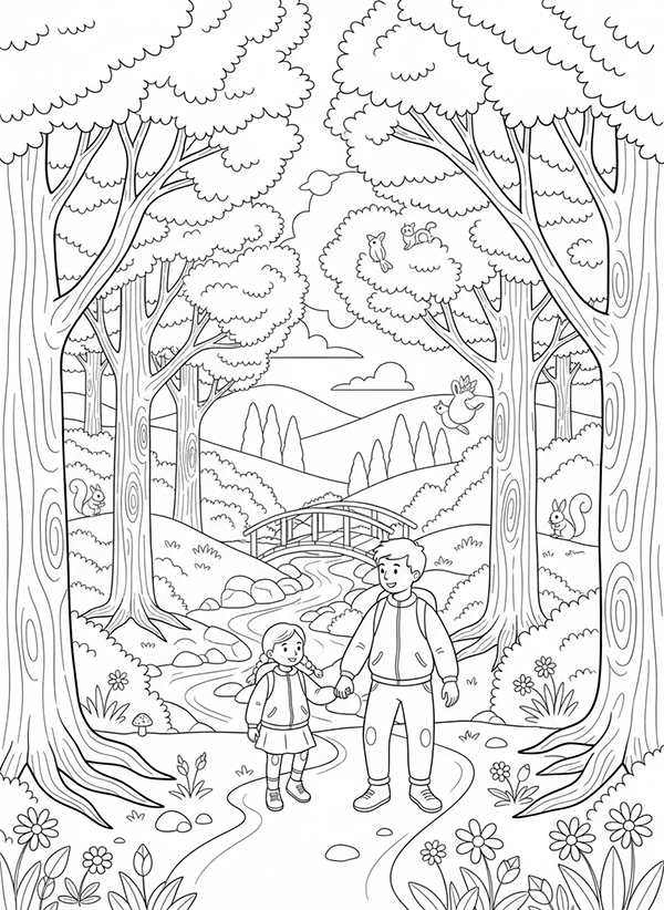 Dessin à imprimer et à colorier sur un promenade dans la forêt