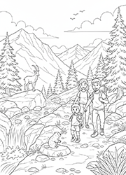 Coloriage à imprimer, une randonnée en montagne