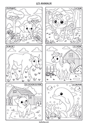 Page de 6 coloriages d'animaux : l'éléphant, le tigre, la vache, le cheval, le cochon et le dauphin