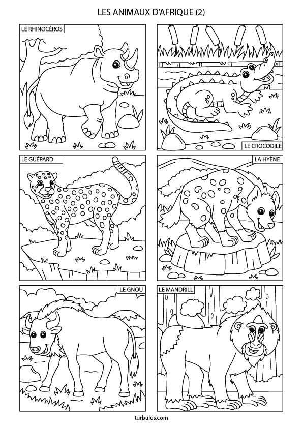 Dessin à imprimer et à colorier ; 6 animaux d'Afrique : un rhinocéros, un crocodile, un guépard, une hyène, un gnou et un mandrill