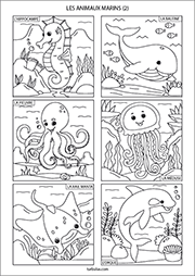 Page de coloriage, 6 animaux marins