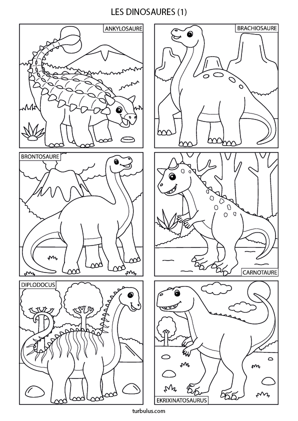 Dessin à imprimer et à colorier ; 6 dinosaures dans leur environnement