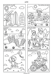 Page de 6 coloriages sur le thème de l'été : les planches de surf, le château de sable, la plage, le feu de camp, le cerf colant et la promenade à vélo