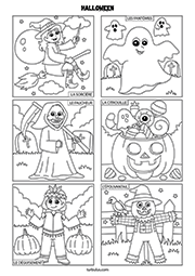 Page de 6 coloriages sur le thème d'Halloween : une sorcière sur son balai, des fantômes, un faucheur dans un cimetière, une citrouille remplie de friandises, un enfant déguisé et un épouvantail