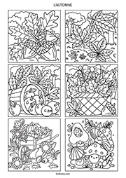 Page de 6 coloriages sur le thème de l'automne : des glands, des feuilles d'automne, des fruits et des champignons