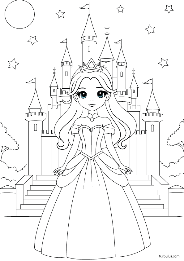 Coloriage à imprimer ; une princesse devant un château