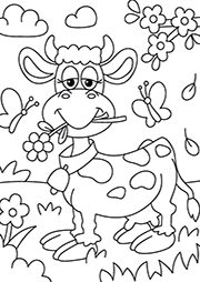 Coloriage à imprimer : une vache qui mange une fleur