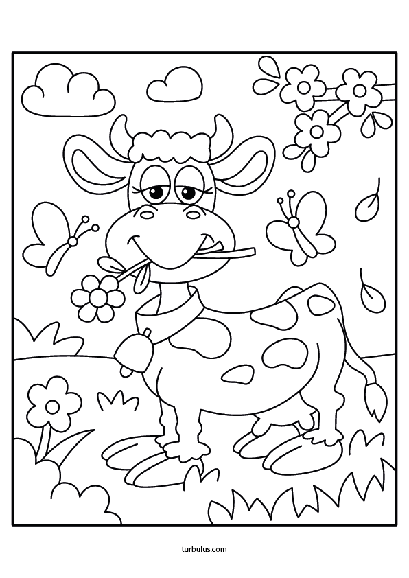 Dessin à imprimer et à colorier ; une vache avec une fleur entre les dents