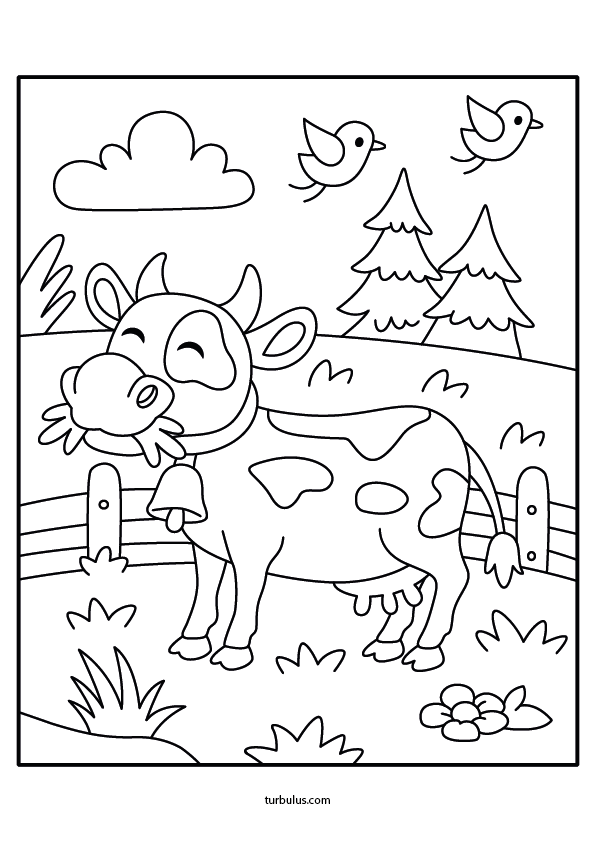 Dessin à imprimer et à colorier ; une vache qui mange de l'herbe