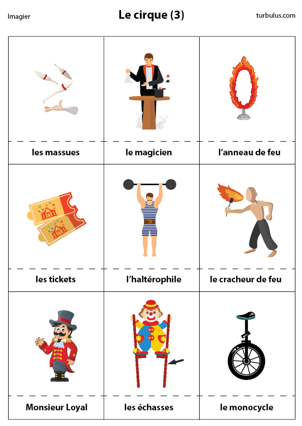Imagier le cirque : massues, magicien, anneau de feu, ticket, haltérophile, cracheur de feu, Monsieur Loyal, échasses, monocycle
