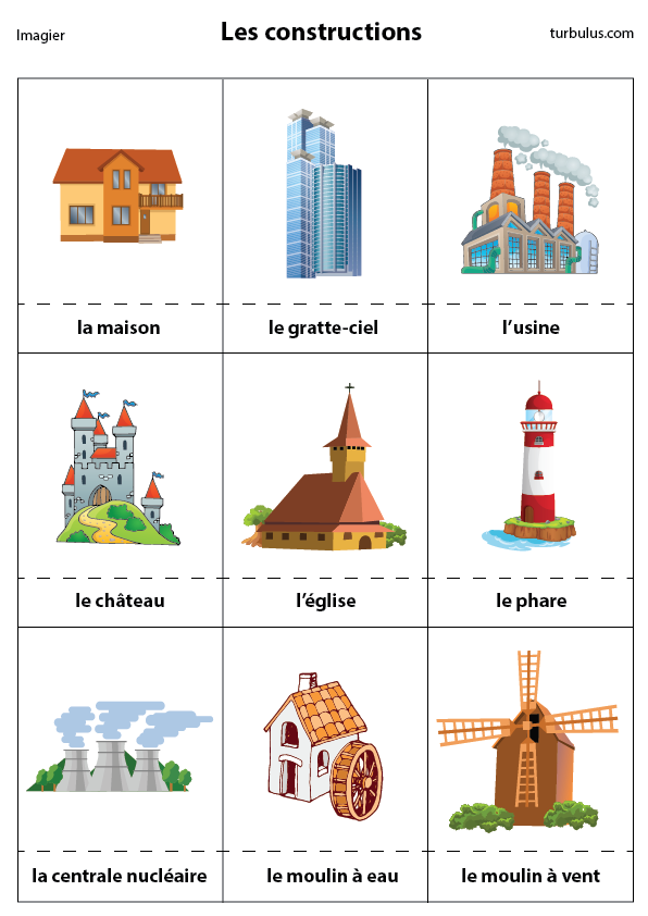 Imagerie des constructions : la maison, le gratte-ciel, l'usine, le château, l'église, le phare, la centrale nucléaire, le moulin à eau, le moulin à vent 