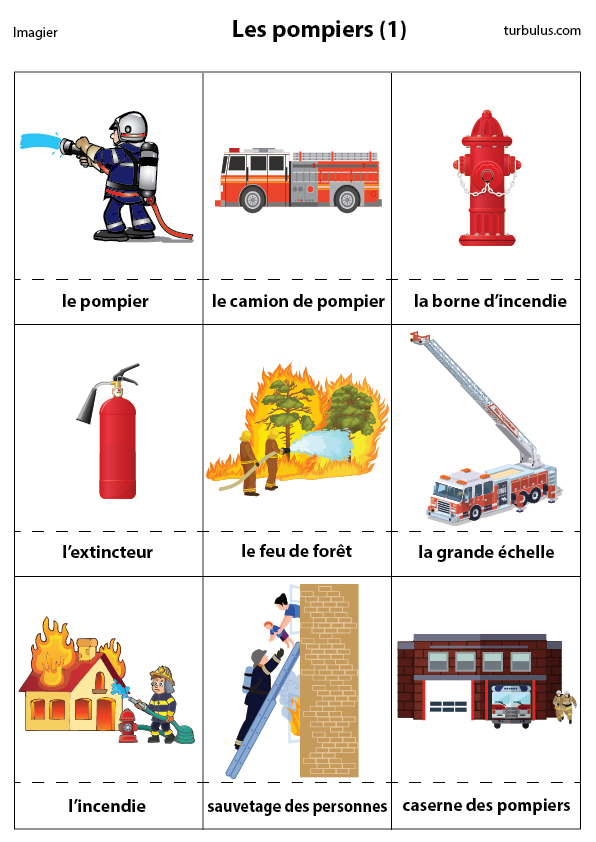 Fiche pédagogique sur le métier de pompier : le camion de pompier, la borne d'incendie, l'extincteur, le feu de forêt, la grande échelle, l'incendie, le sauvetage des personnes, la caserne.