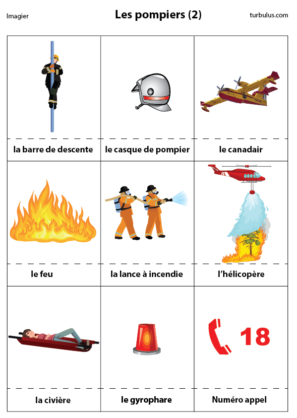 Fiche pédagogique sur le métier de pompier : la barre de descente, le casque de pompier, le canadair, le feu, la lance à incendie, l'hélicoptère, la civière, le gyrophare et le numéro d'appel.