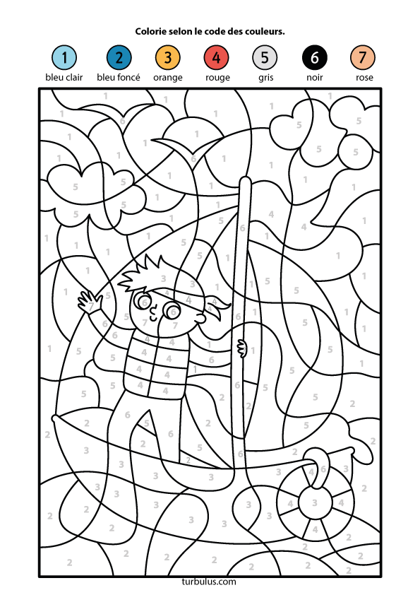 Coloriage codé, le voilier, enfants de maternelle et CP