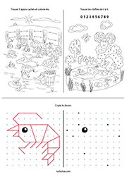 Exercice à imprimer, Trouver des dessins et des chiffres cachés dans une image, maternelle GS, CP