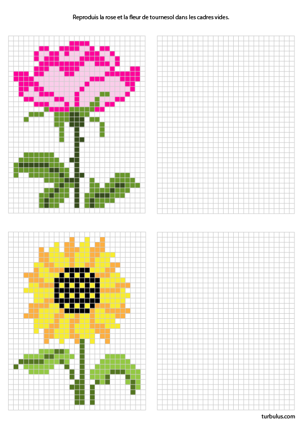 Exercice à imprimer, pixel art d'une rose et une fleur de tournesol