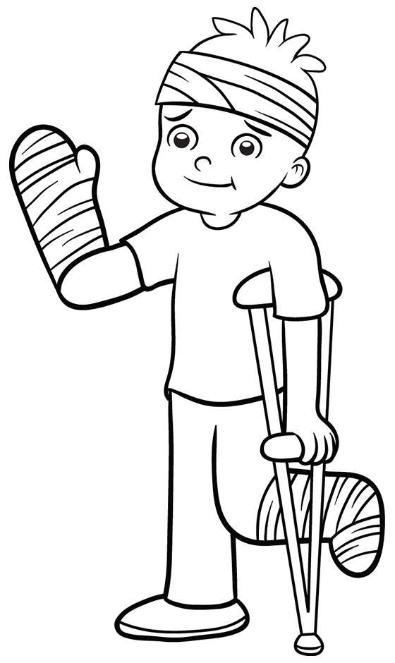 Dessin gratuit à colorier, un enfant blessé qui marche avec une béquille