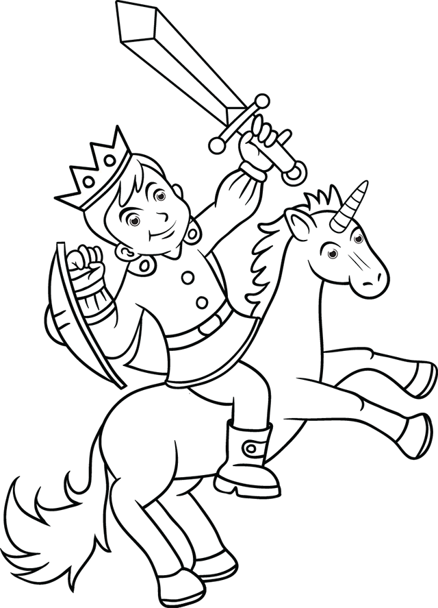 Dessin gratuit à colorier, un prince combattant à dos de licorne