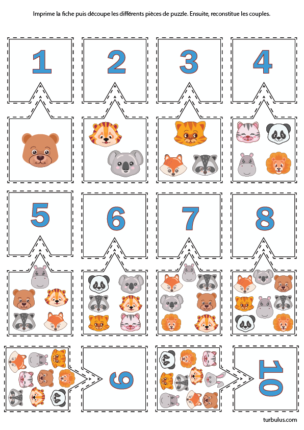 Exercice à imprimer, puzzle des nombres de 1 à 10, moyenne section de maternelle
