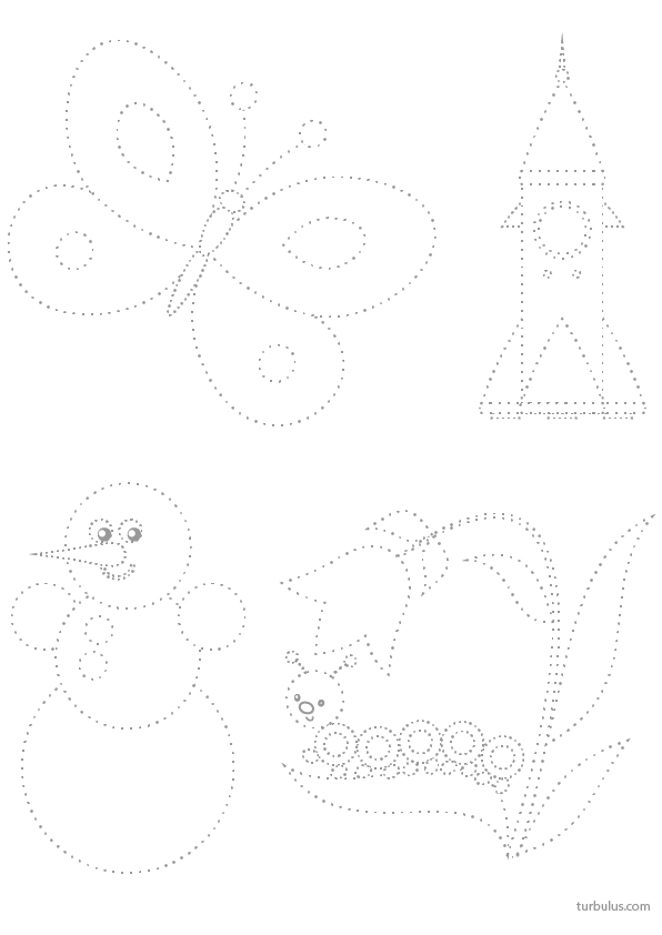 Graphisme pour maternelle ; 4 dessins en pointillé