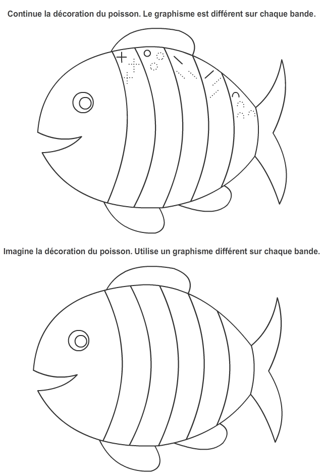 Fiche de graphisme à imprimer ; décorer les poissons