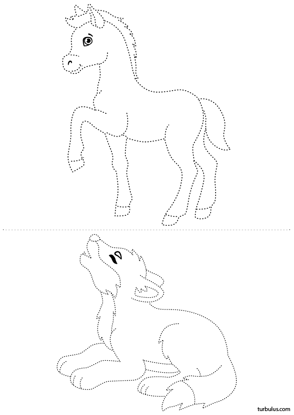 Graphisme pour maternelle ; cheval et loup en pointillés