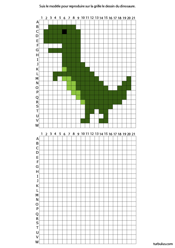 Fiche d'exercices à imprimer; un dinosaure en pixel art à reproduire